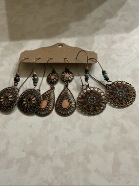 Hand Crafted Peach & Turquoise Boho Filigree Earrings Trio